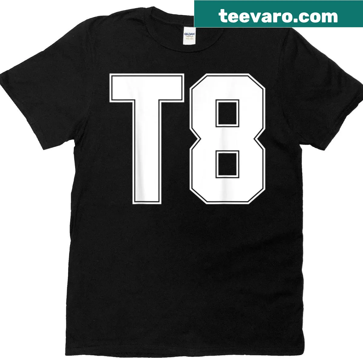 Retro sports-inspired t-shirt with 'T8' text — on a men's t-shirt