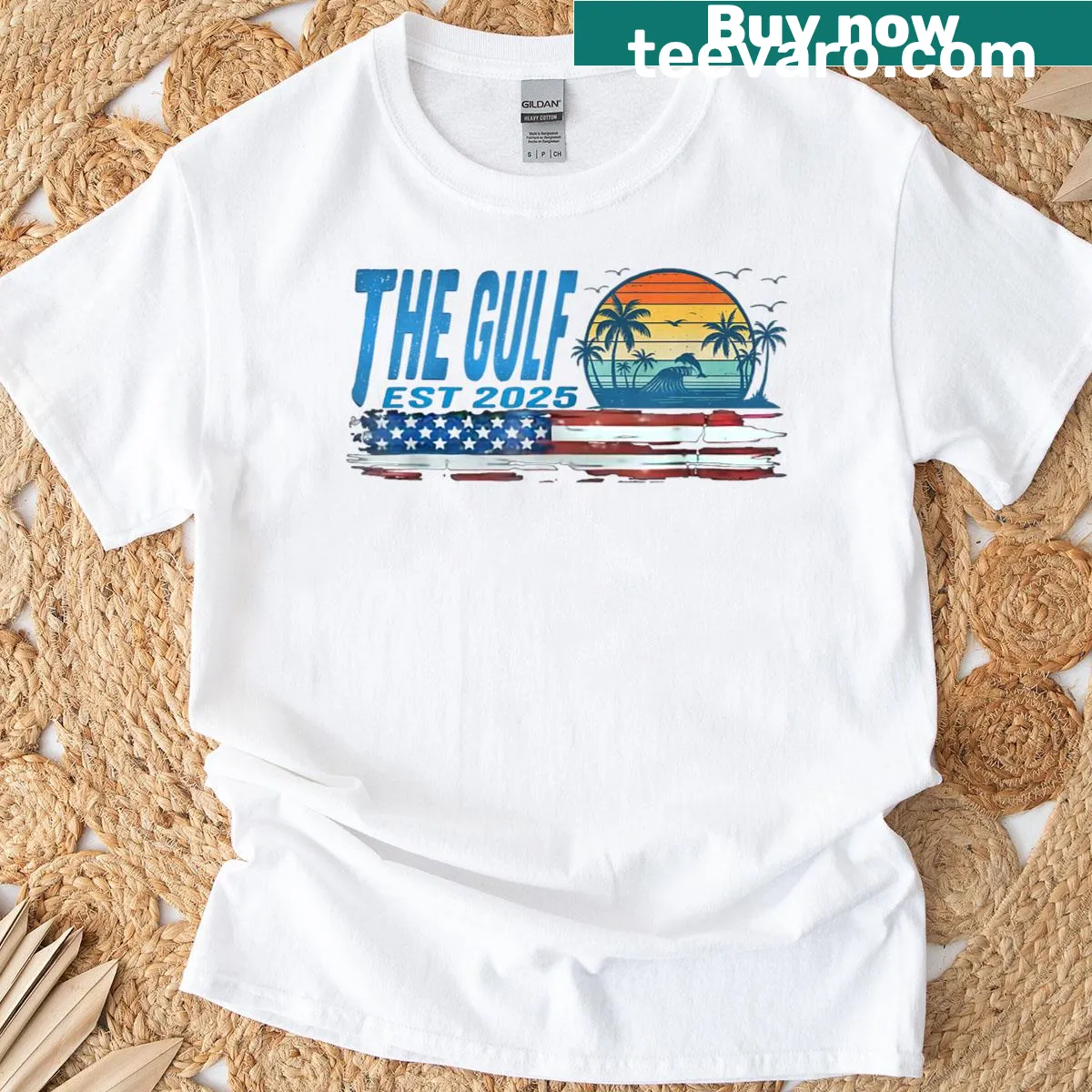 Vintage tee with 'The Gulf Est 2025' text, ideal for beach lovers. — on a men's t-shirt