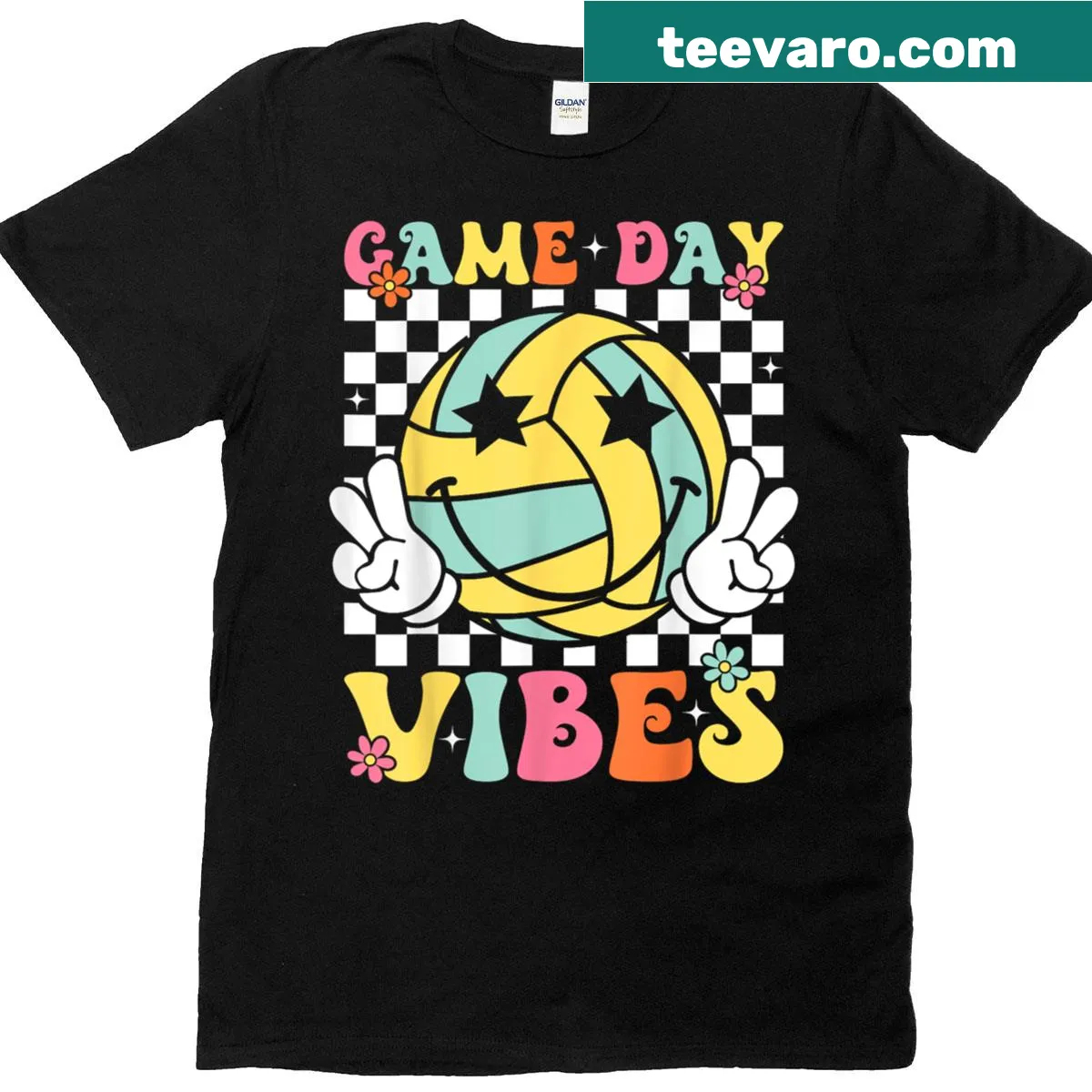 Vintage volleyball graphic T-shirt with the phrase 'Game Day Vibes' — on a men's t-shirt