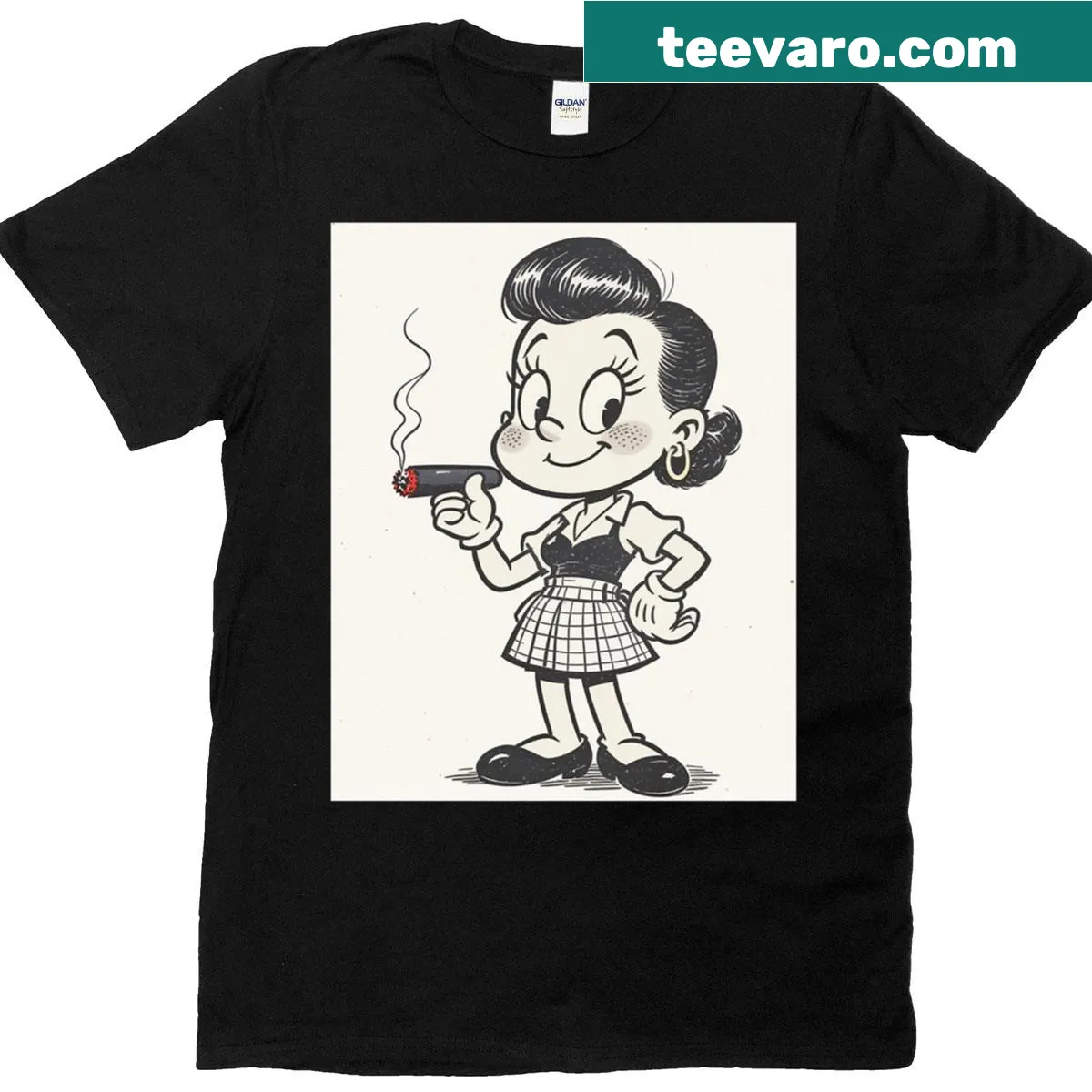 Retro graphic T-shirt featuring a woman smoking a cigar — on a men's t-shirt