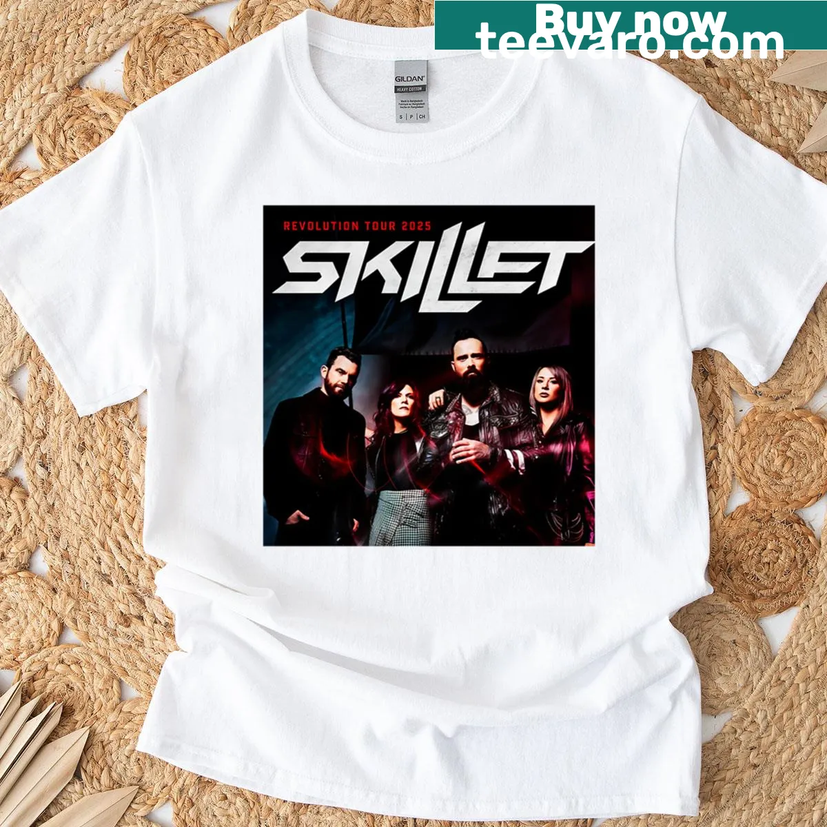 T-shirt with 'Revolution Skillet Tour 2025' text — on a men's t-shirt