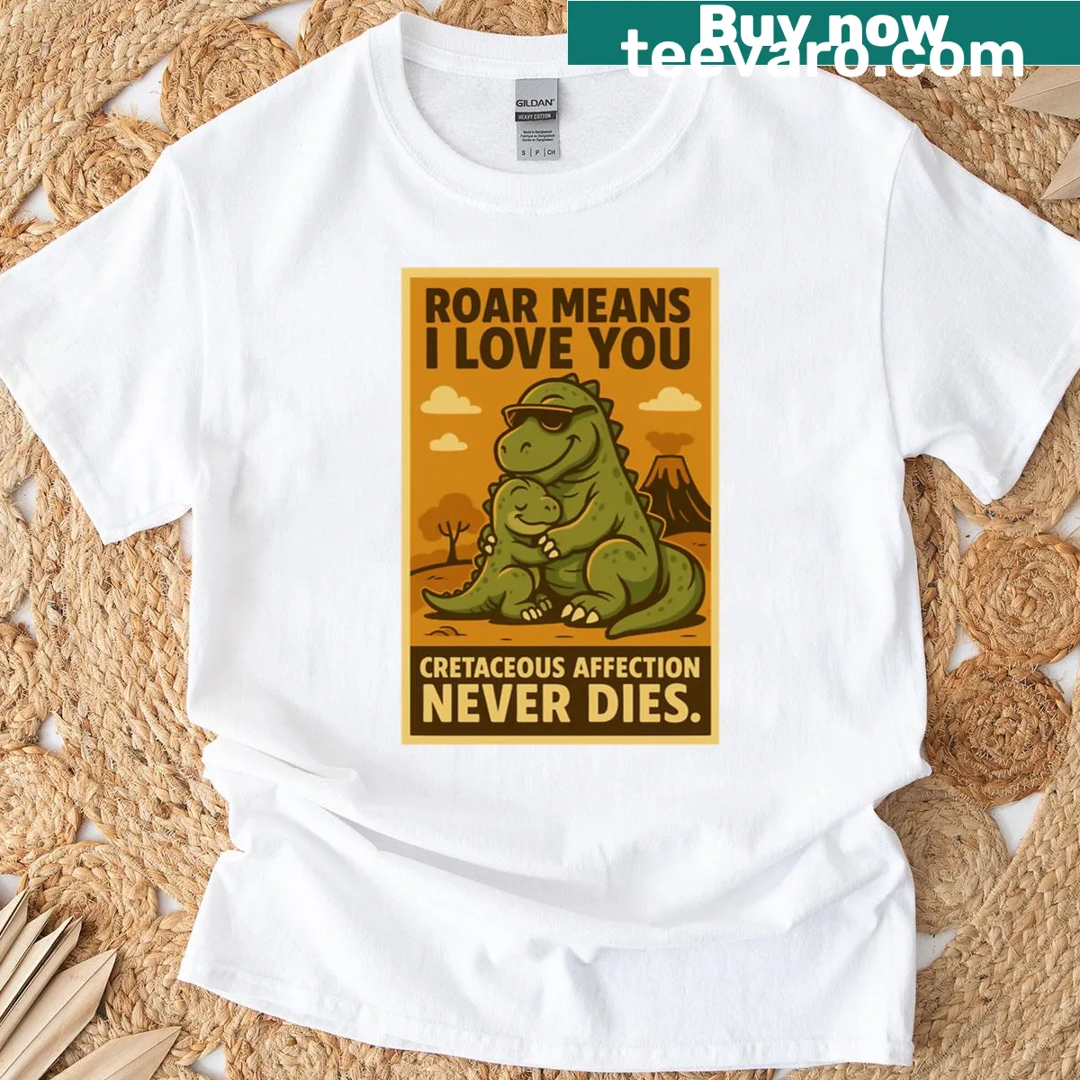Cute dinosaur hugging a child graphic t-shirt — on a men's t-shirt