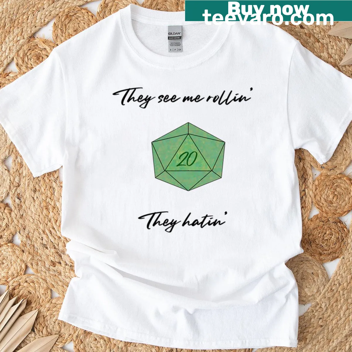 T-shirt featuring a D20 dice design — on a men's t-shirt
