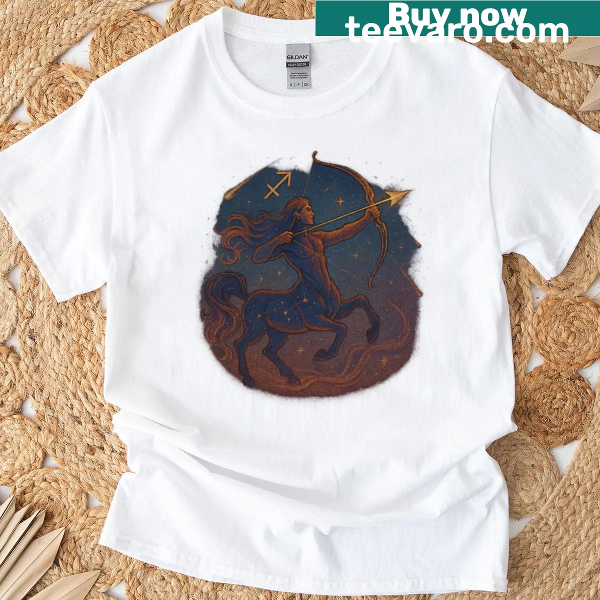 Illustration of a Sagittarius centaur archer with adventure theme — on a men's t-shirt