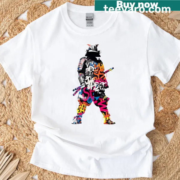 Graffiti-style samurai graphic on a T-shirt for urban culture lovers