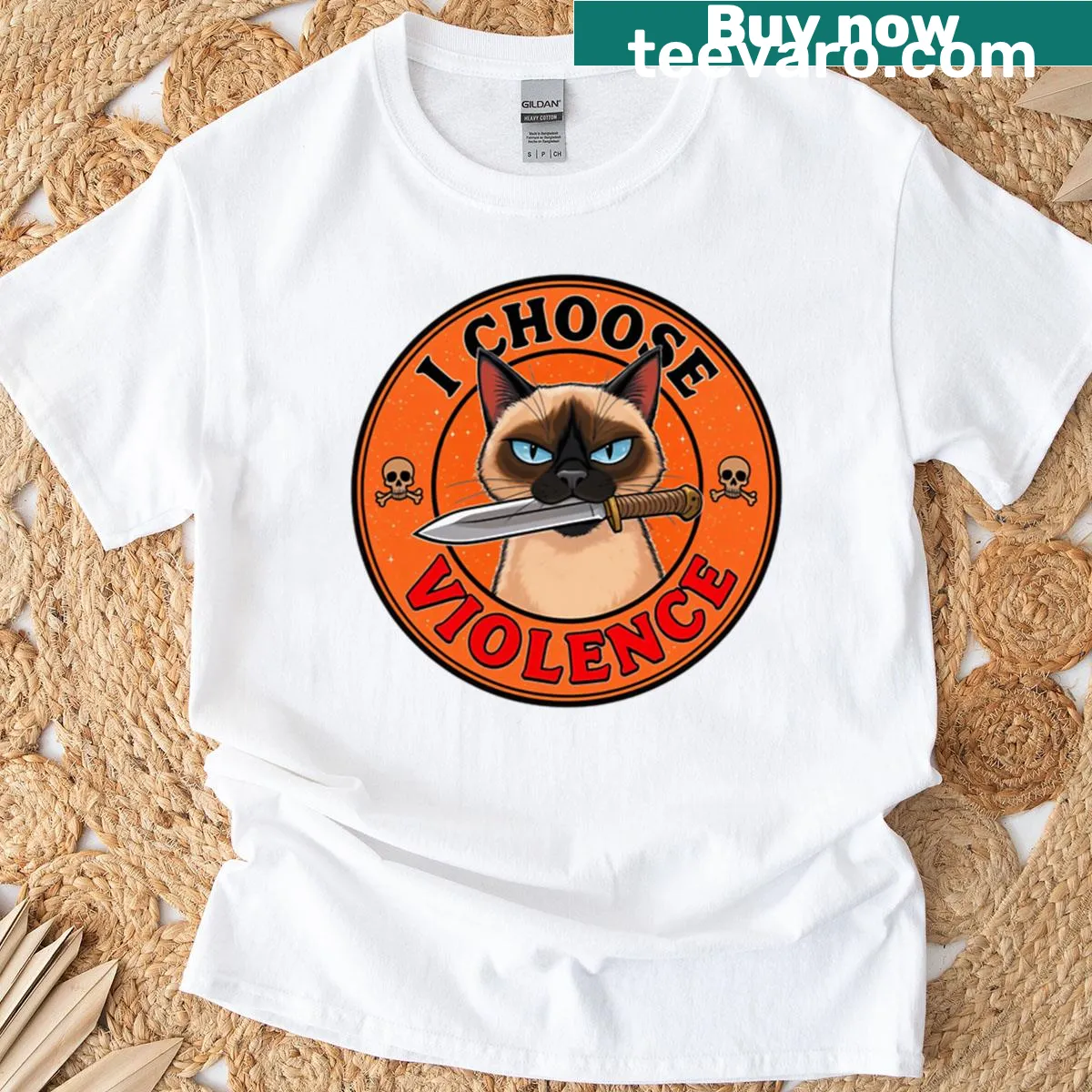 Cartoon illustration of a sassy Siamese cat with a knife on a T-shirt — on a men's t-shirt