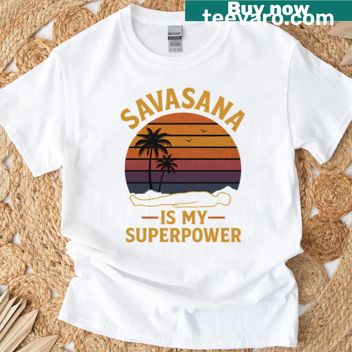 Retro sunset design with 'Savasana Is My Superpower' text — on a men's t-shirt