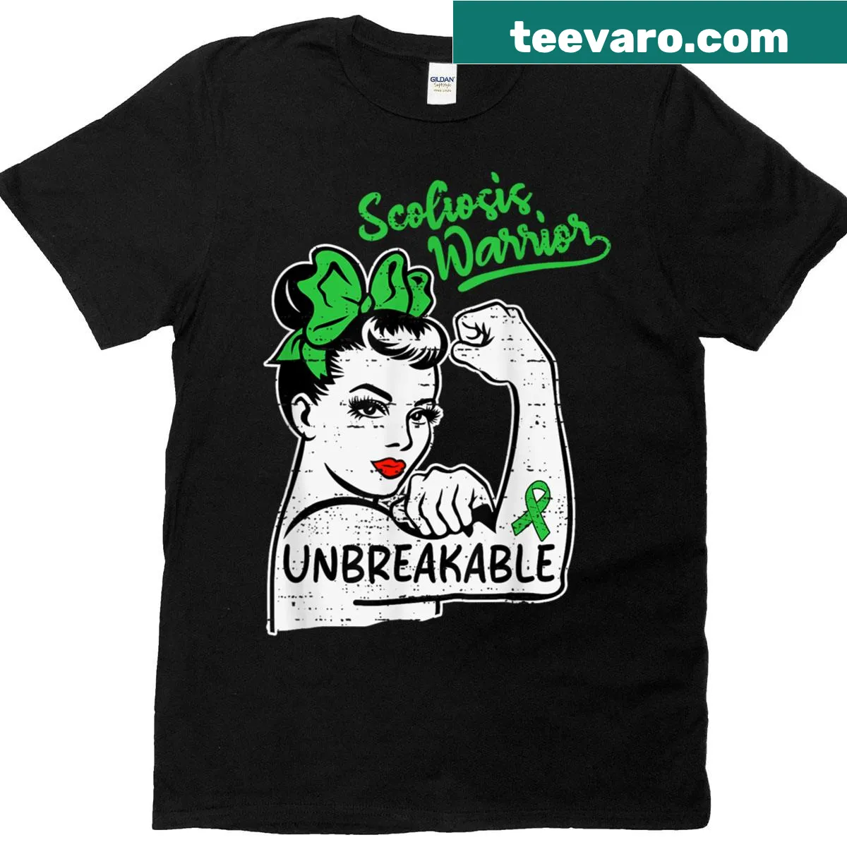 Green ribbon design for scoliosis awareness on women's T-shirt — on a men's t-shirt