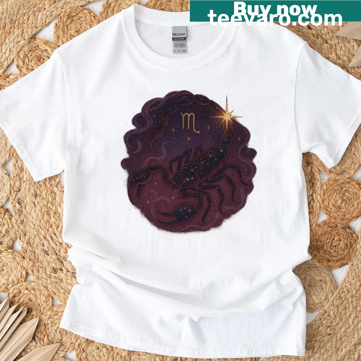 Illustrated Scorpio zodiac T-shirt with celestial dark sky design — on a men's t-shirt