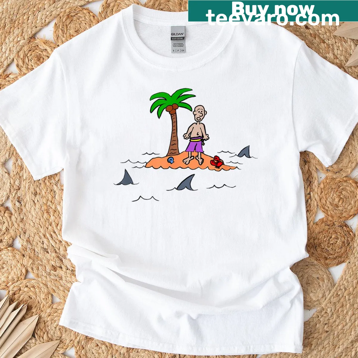 Illustrated Shark Island t-shirt depicting ocean adventure — on a men's t-shirt