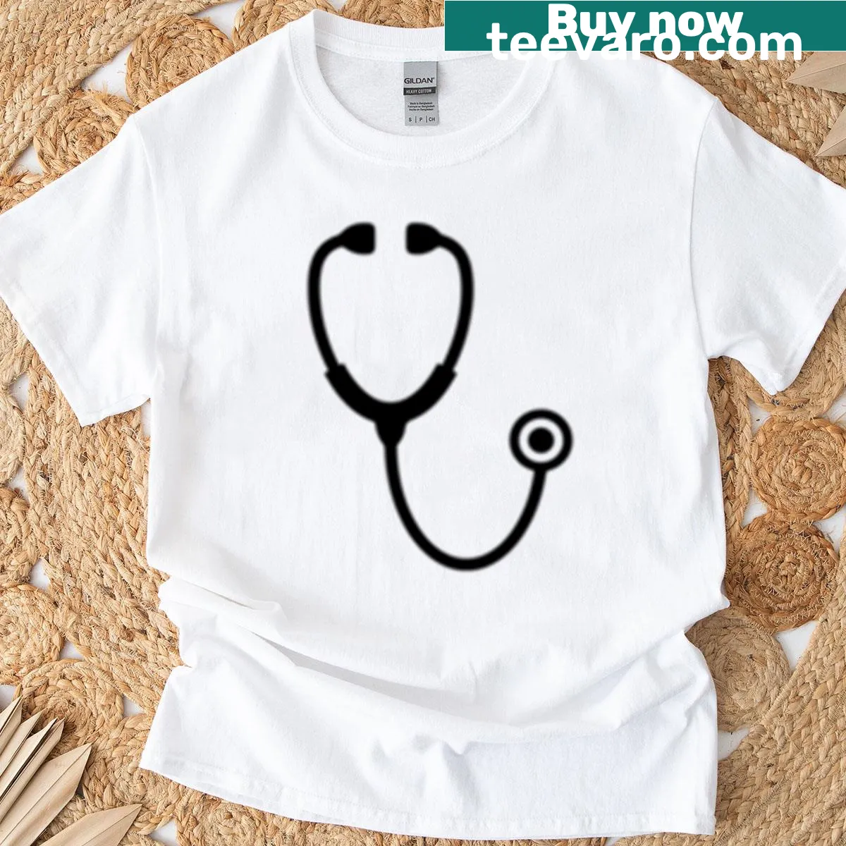 Minimalist T-shirt with a black stethoscope medical icon — on a men's t-shirt