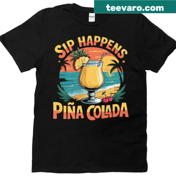 Retro-themed T-shirt with 'Sip Happens' and tropical imagery