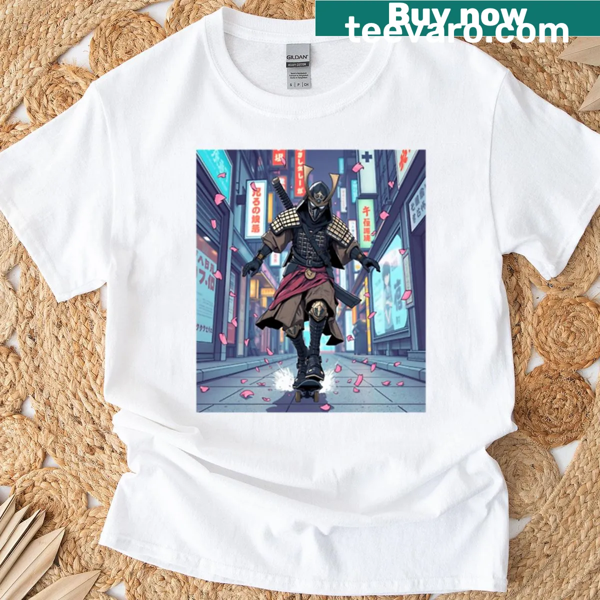Skater samurai graphic on an oversized T-shirt — on a men's t-shirt