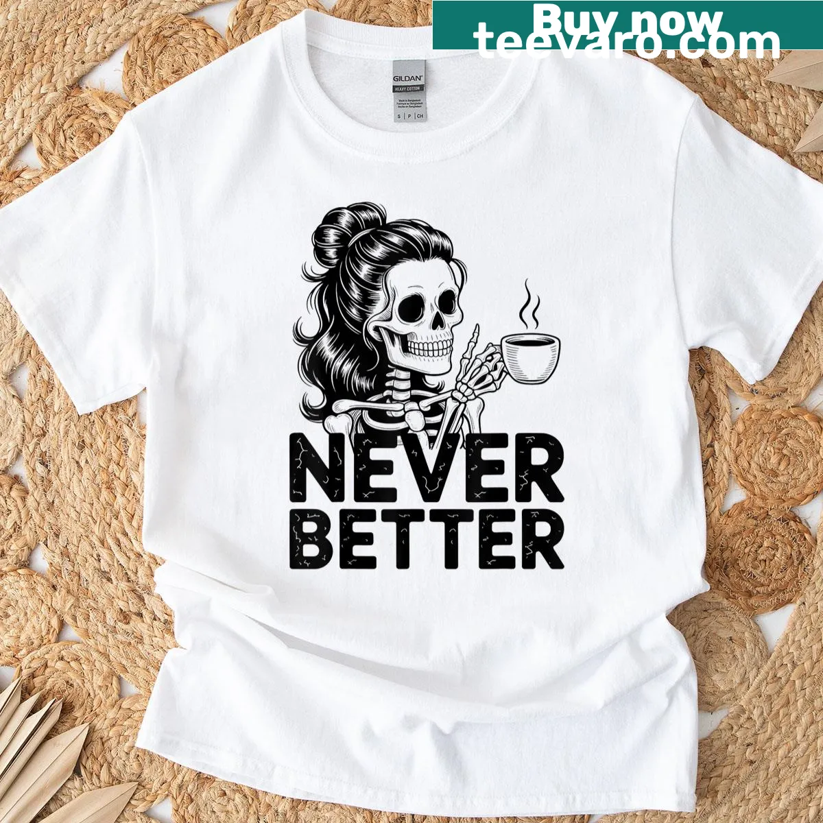 Cartoon skeleton with messy bun and coffee graphic on a women's T-shirt — on a men's t-shirt