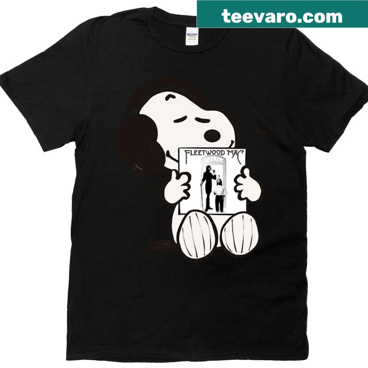 Snoopy cartoon graphic listening to music on T-shirt — on a men's t-shirt