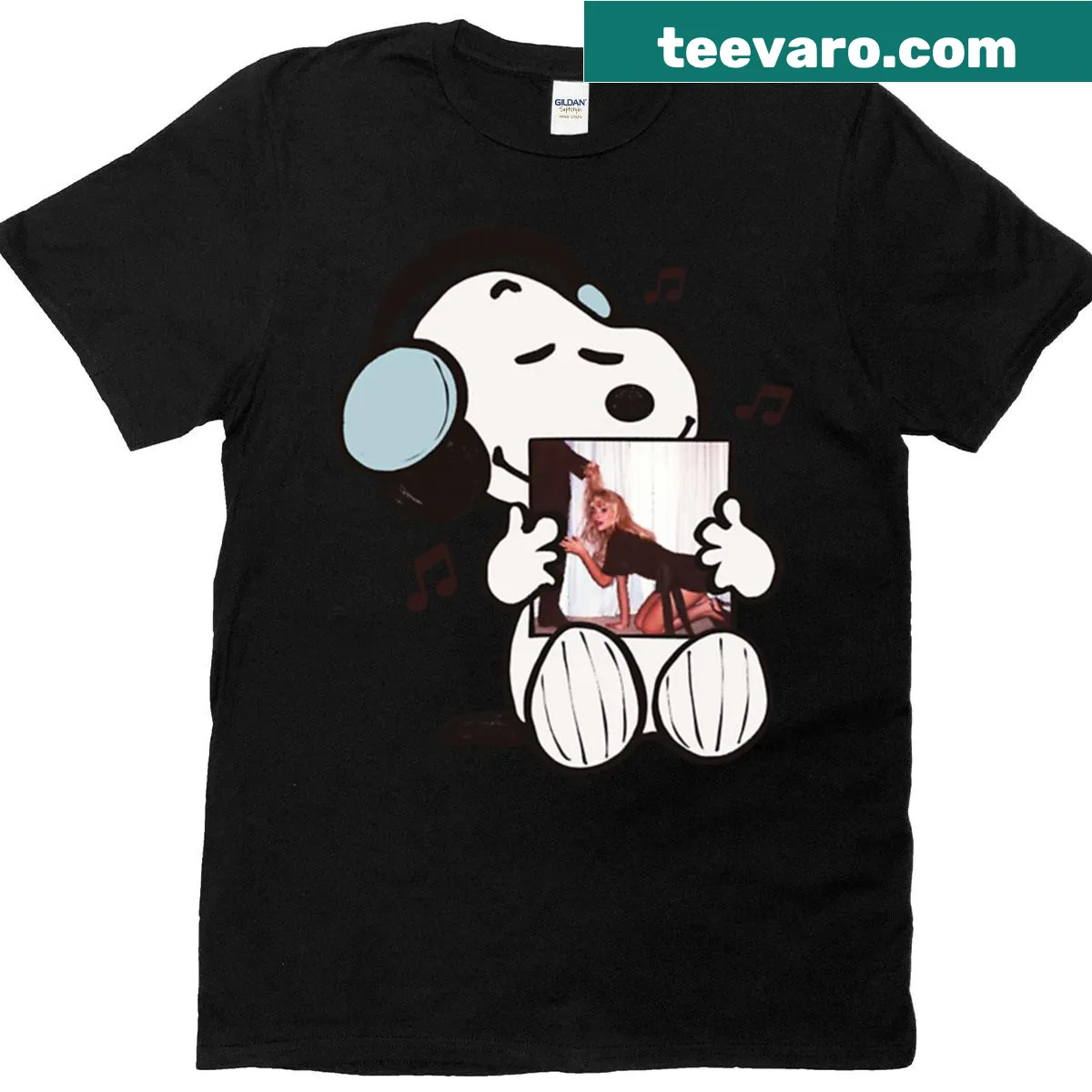 Snoopy cartoon graphic enjoying music about dogs on T-shirt — on a men's t-shirt