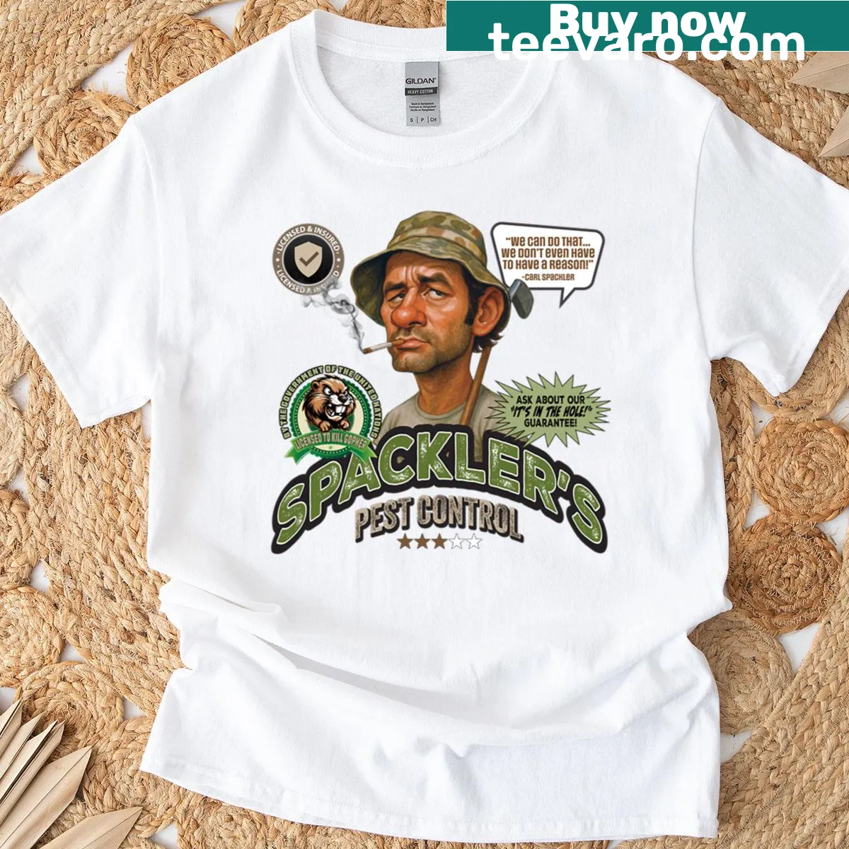 Illustration of Spacklers Pest Control on a T-shirt — on a men's t-shirt