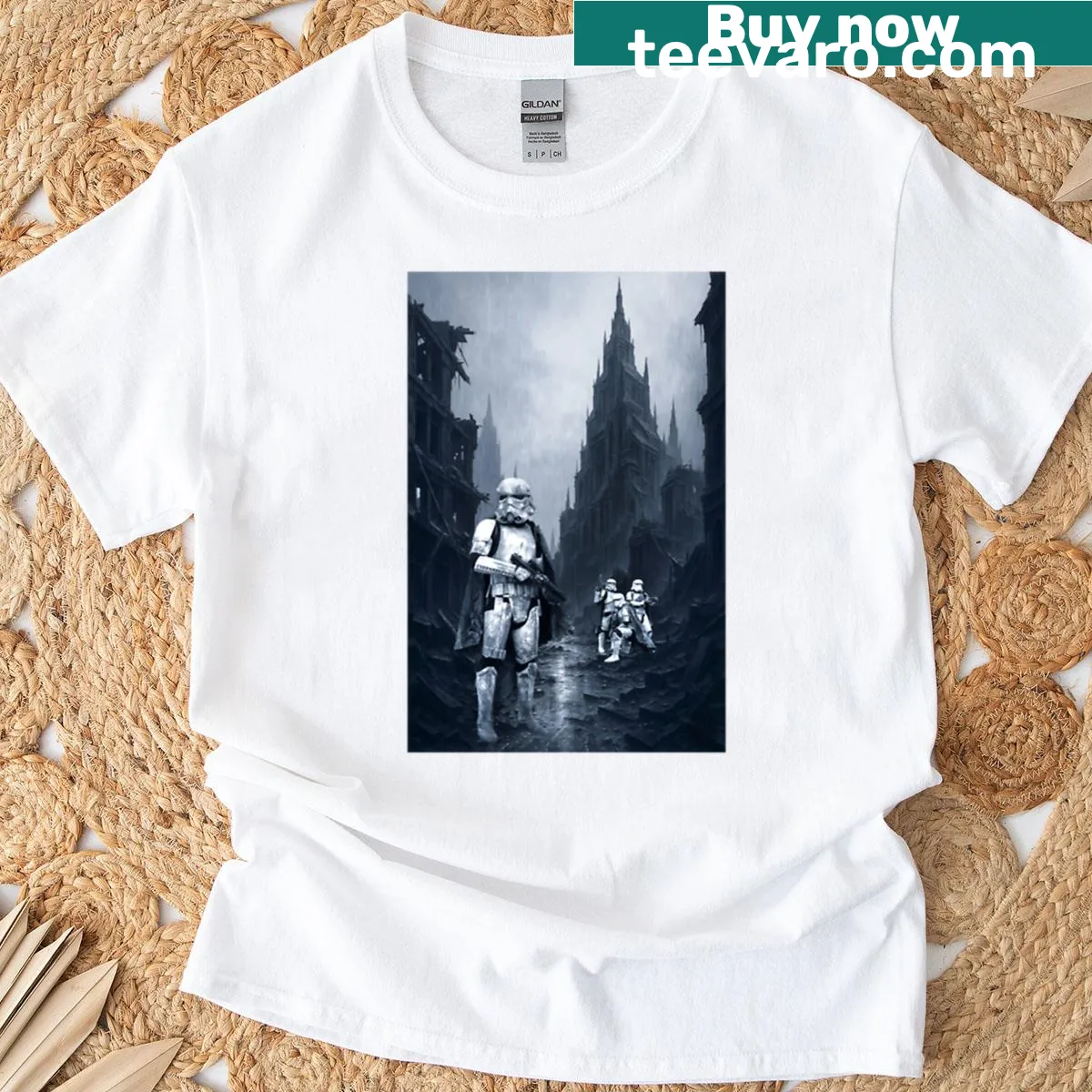 Illustrated spectres in the rain on a whimsical t-shirt — on a men's t-shirt