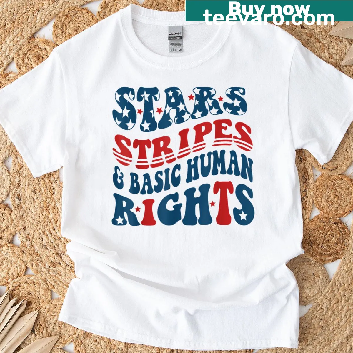 Patriotic t-shirt with stars and stripes promoting human rights — on a men's t-shirt