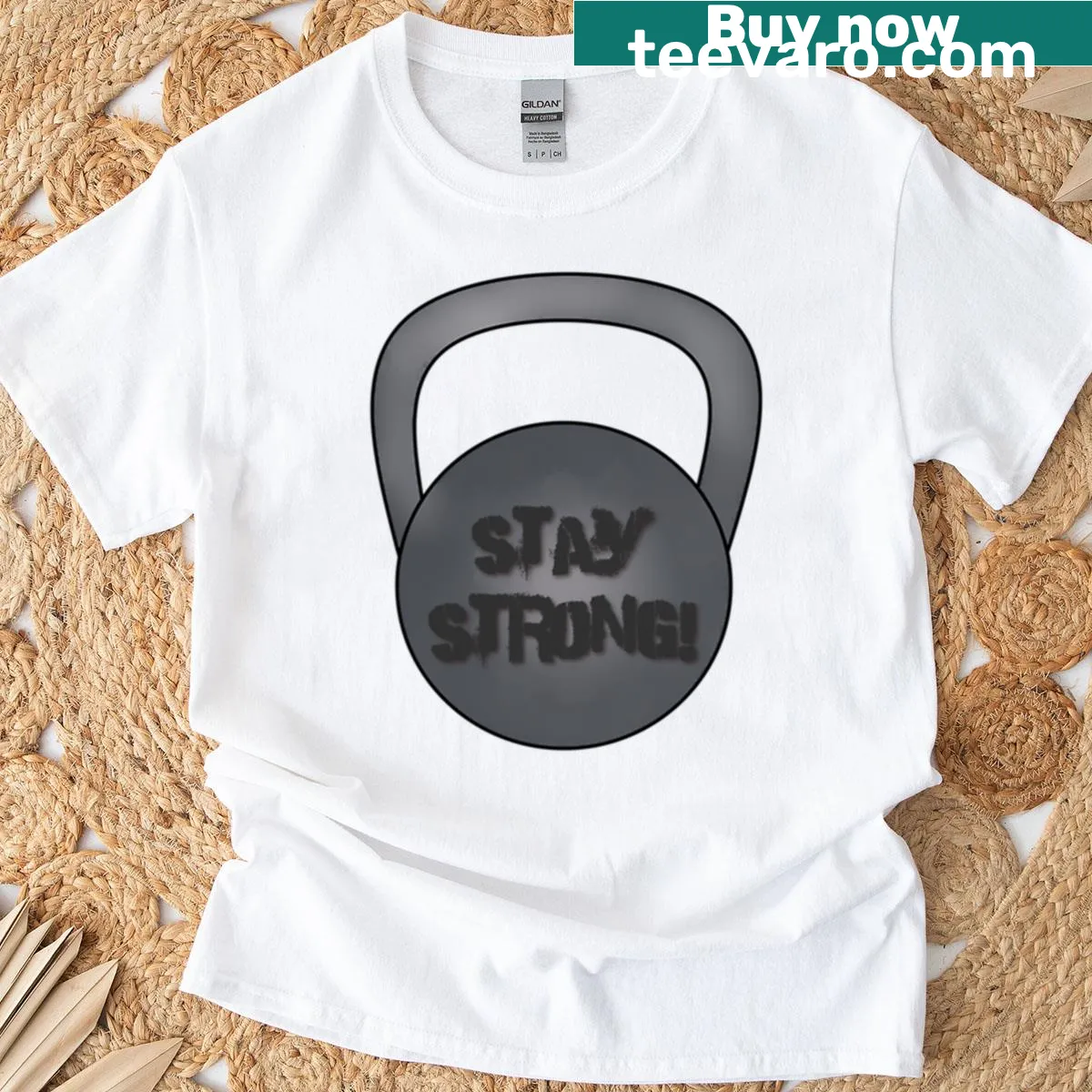 Kettlebell graphic with 'Stay Strong' text on premium t-shirt — on a men's t-shirt