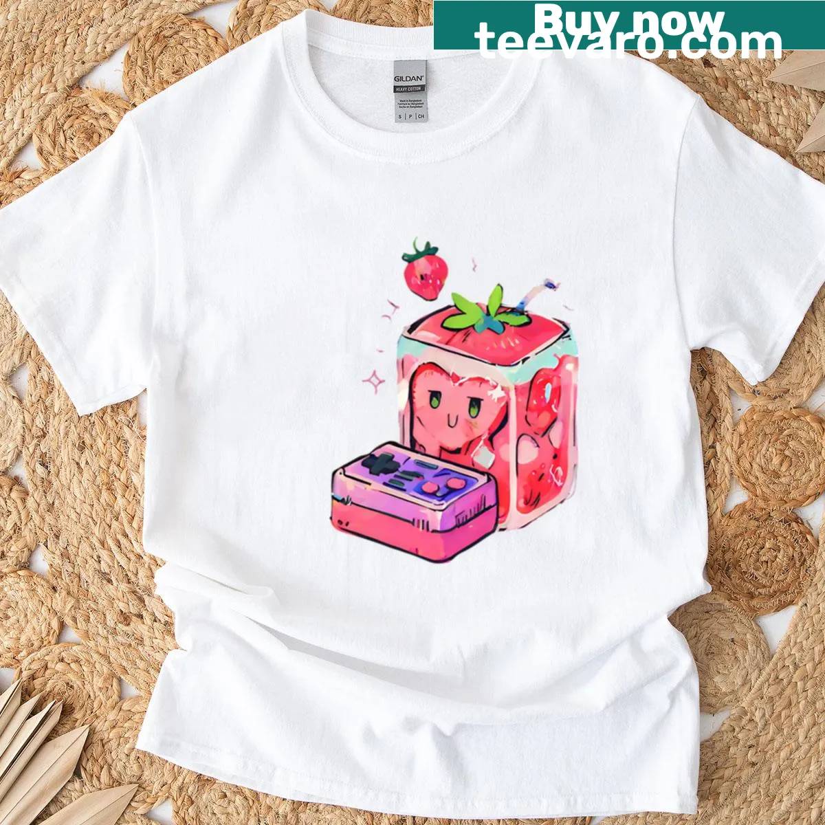 T-shirt featuring playful pixel art of strawberries — on a men's t-shirt