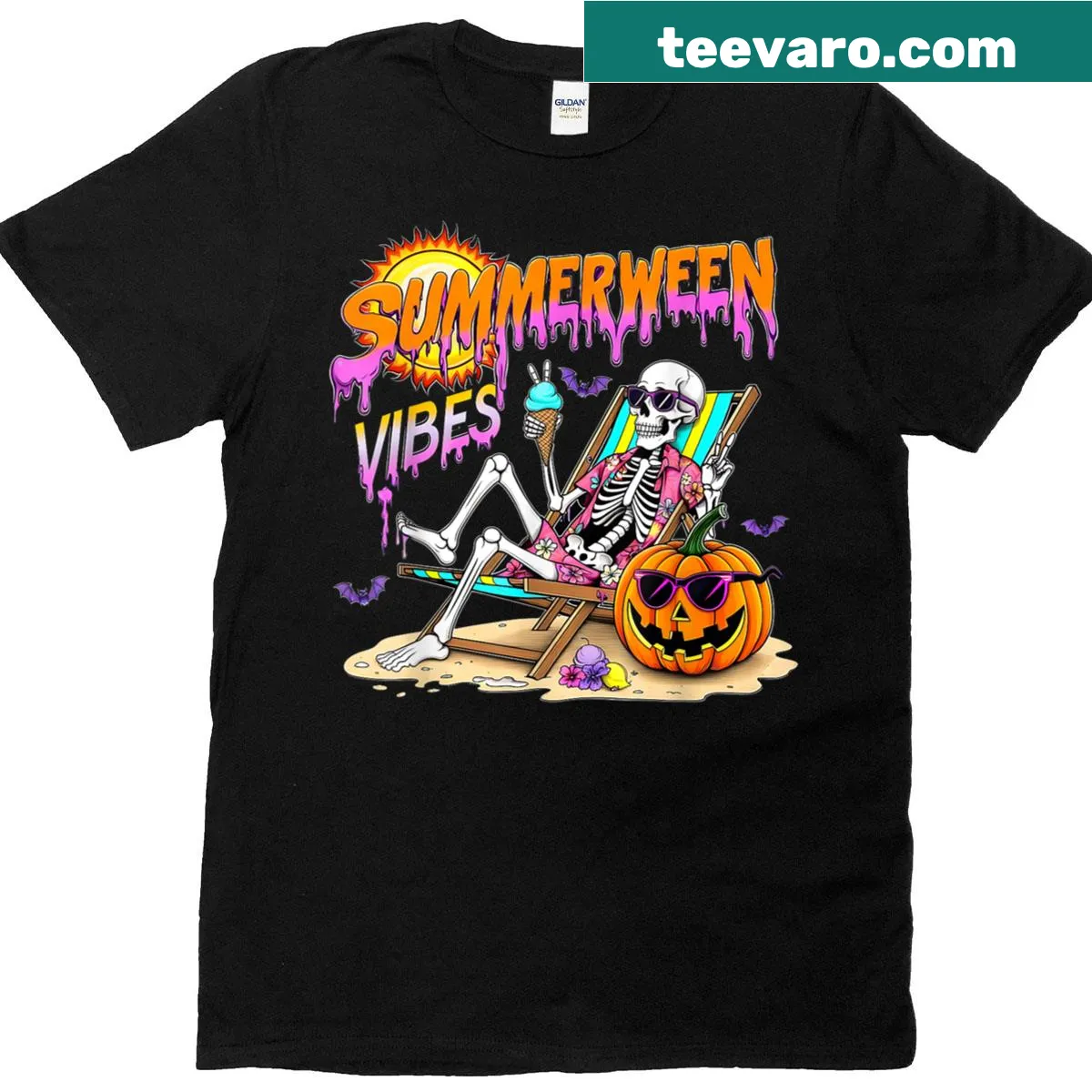 Playful T-shirt with a skeleton and pumpkin design for Summerween — on a men's t-shirt