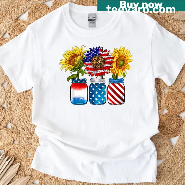 Patriotic T-shirt featuring sunflower and American flag design.