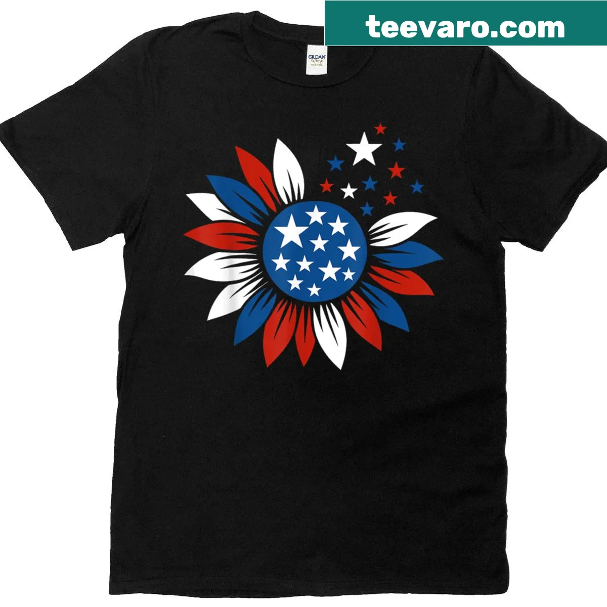 Sunflower intertwined with American flag design for 4th of July — on a men's t-shirt