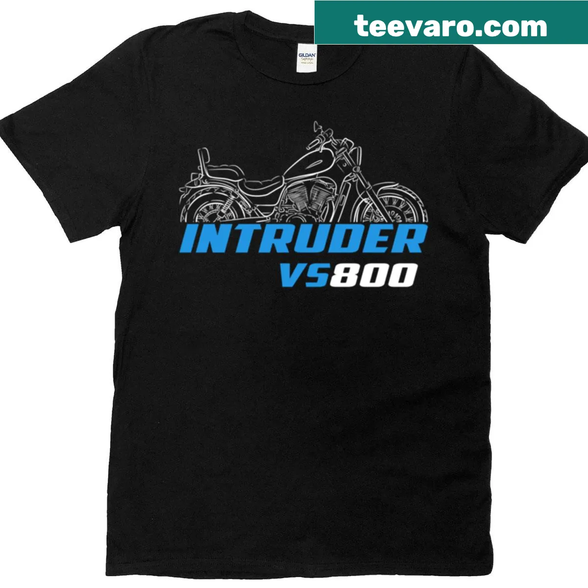 Graphic of Suzuki Vs800 Intruder motorcycle name on T-shirt — on a men's t-shirt