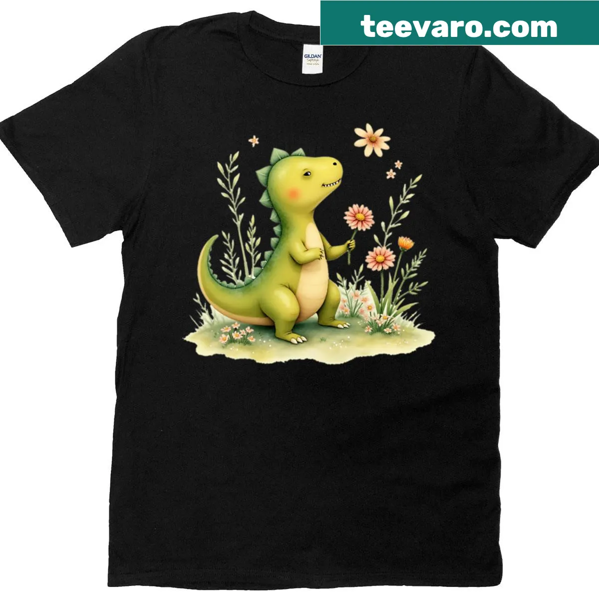 Cartoon dinosaur offering a flower graphic on oversized T-shirt — on a men's t-shirt