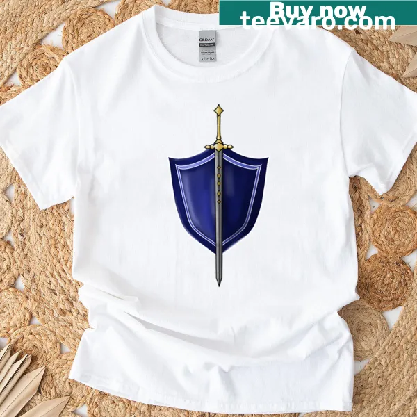 Graphic of a sword and shield on a fantasy-themed T-shirt