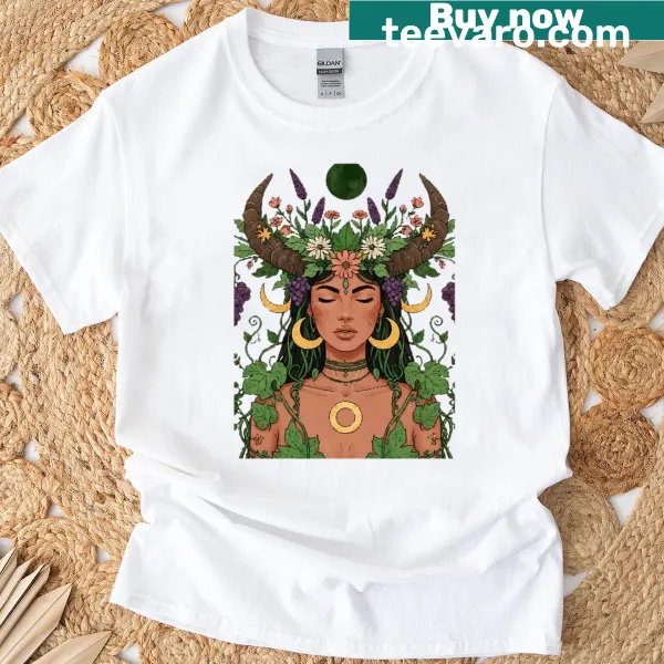 Art Nouveau Taurus goddess graphic T-shirt with floral crown design.