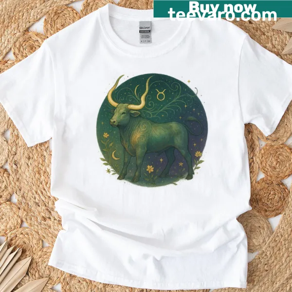 Illustration of a Taurus bull with golden horns on a T-shirt