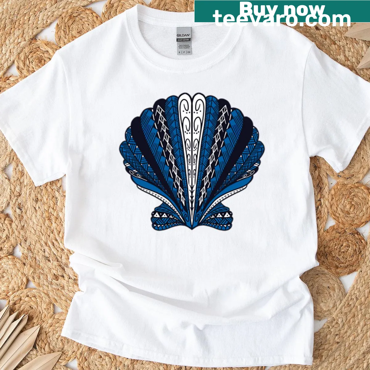 Tribal clam shell graphic t-shirt celebrating marine life — on a men's t-shirt