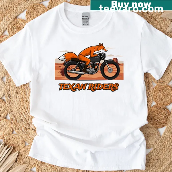 Whimsical fox riding a motorcycle graphic T-shirt for adventure lovers.