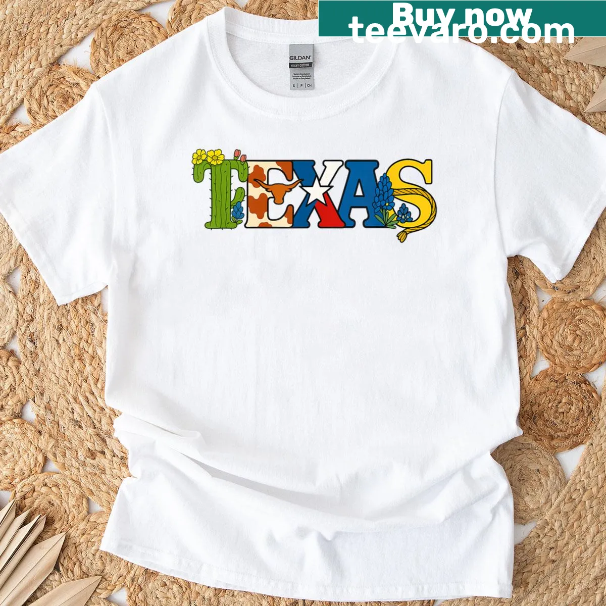 Texas-themed t-shirt featuring cactus, cowhide, and bluebonnets — on a men's t-shirt
