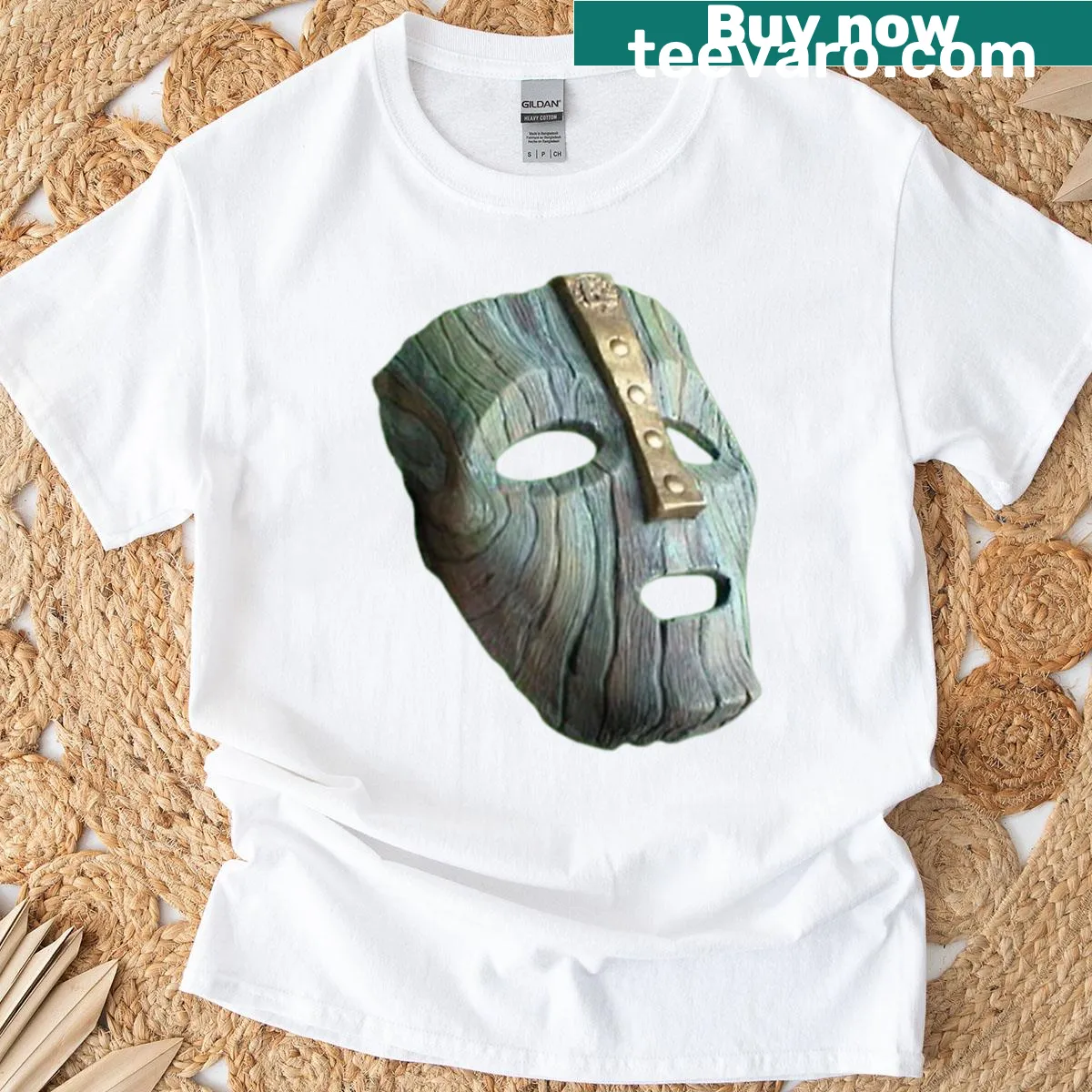 T-shirt featuring a mysterious wooden face design inspired by masks — on a men's t-shirt