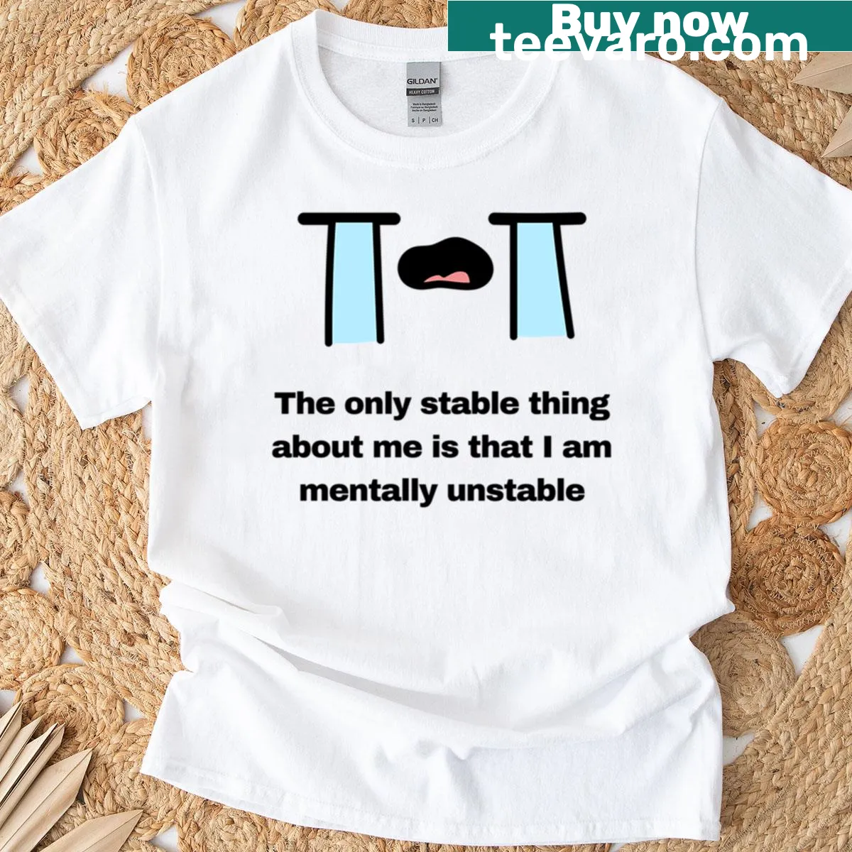 Oversized t-shirt with bold text about mental instability — on a men's t-shirt