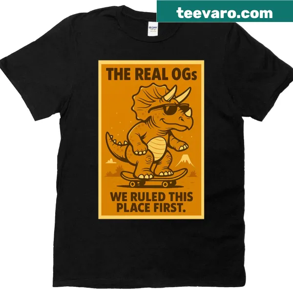 Retro Triceratops skateboard poster graphic on T-shirt