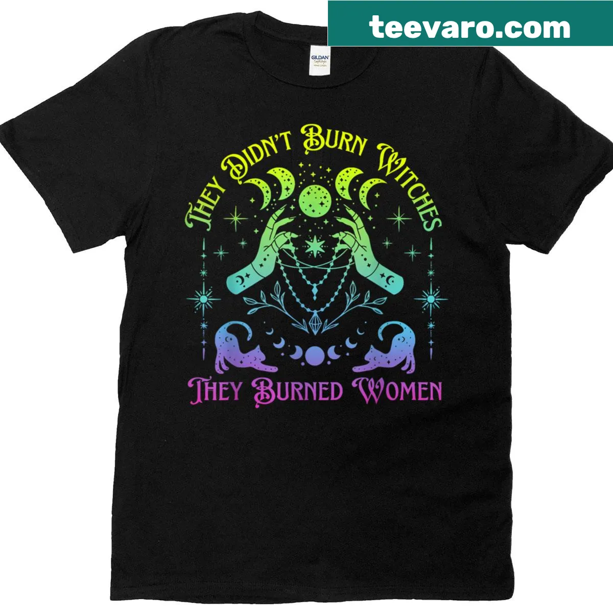 T-shirt with text about witches and women — on a men's t-shirt