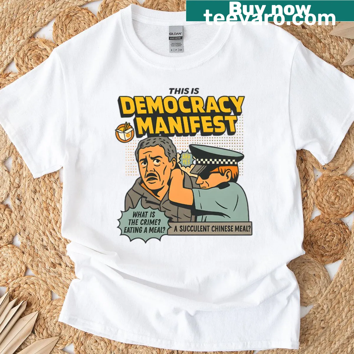 Humorous T-shirt featuring 'This Is Democracy Manifest' with a succulent Chinese meal illustration — on a men's t-shirt