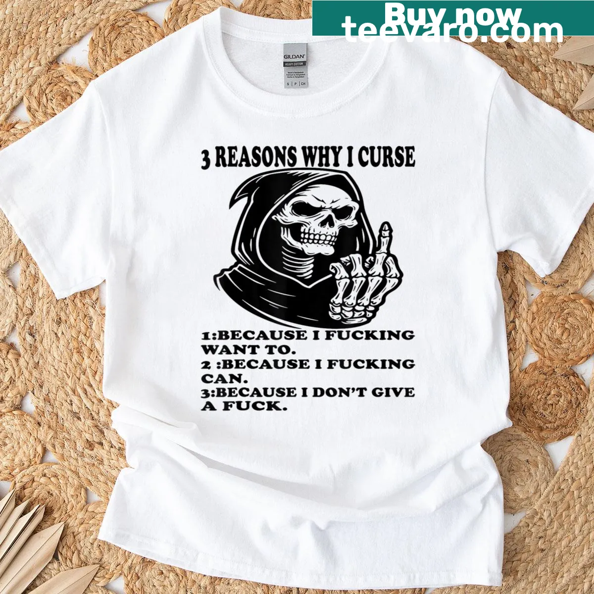 Edgy T-shirt with skeleton design and humorous curse statement — on a men's t-shirt