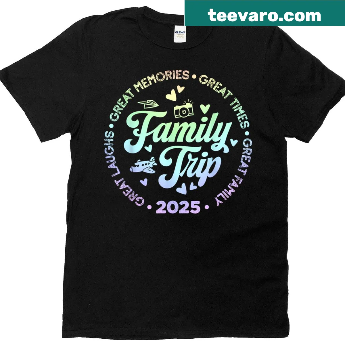 Cartoon-style family vacation graphic on matching T-shirts — on a men's t-shirt