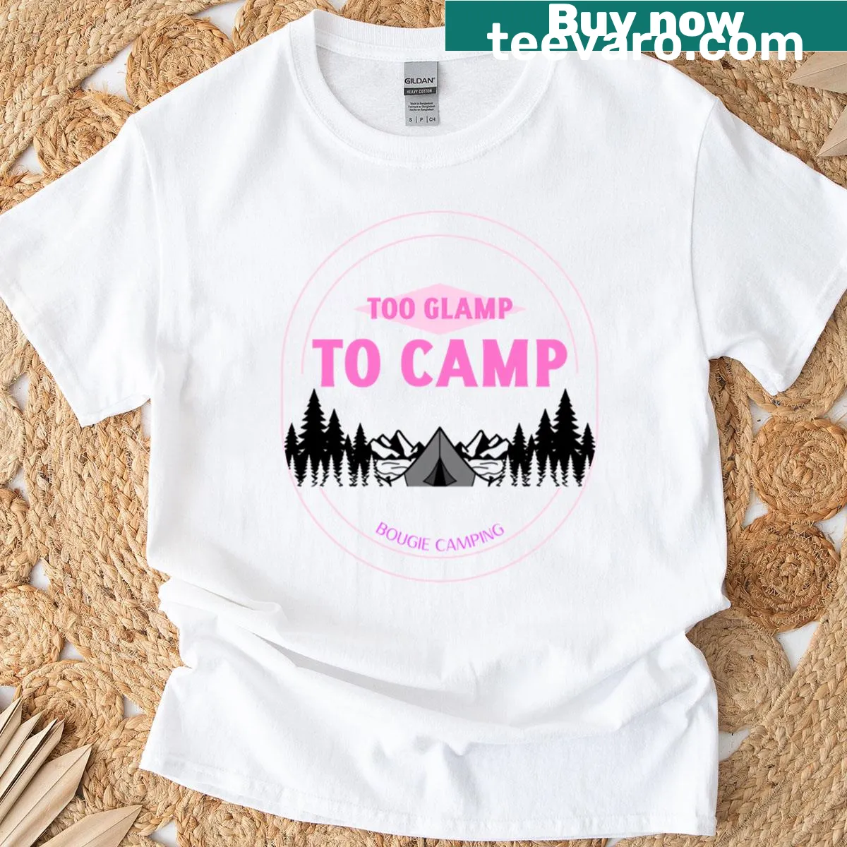 Humorous T-shirt with 'Too Glamp To Camp' phrase — on a men's t-shirt