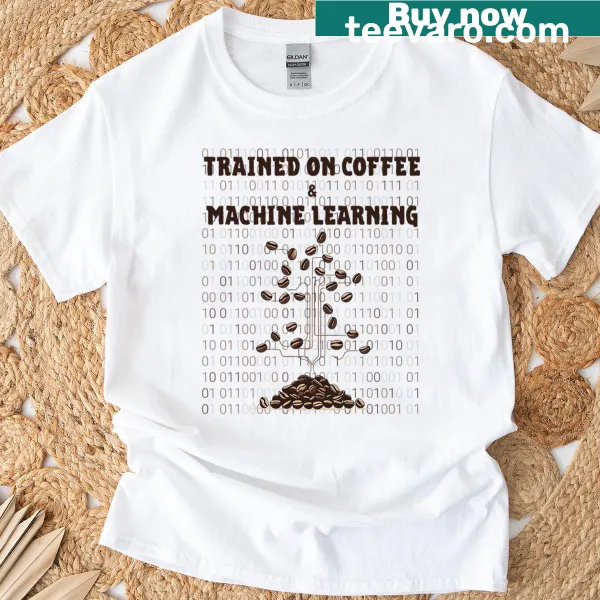 T-shirt featuring a graphic that combines coffee and machine learning themes