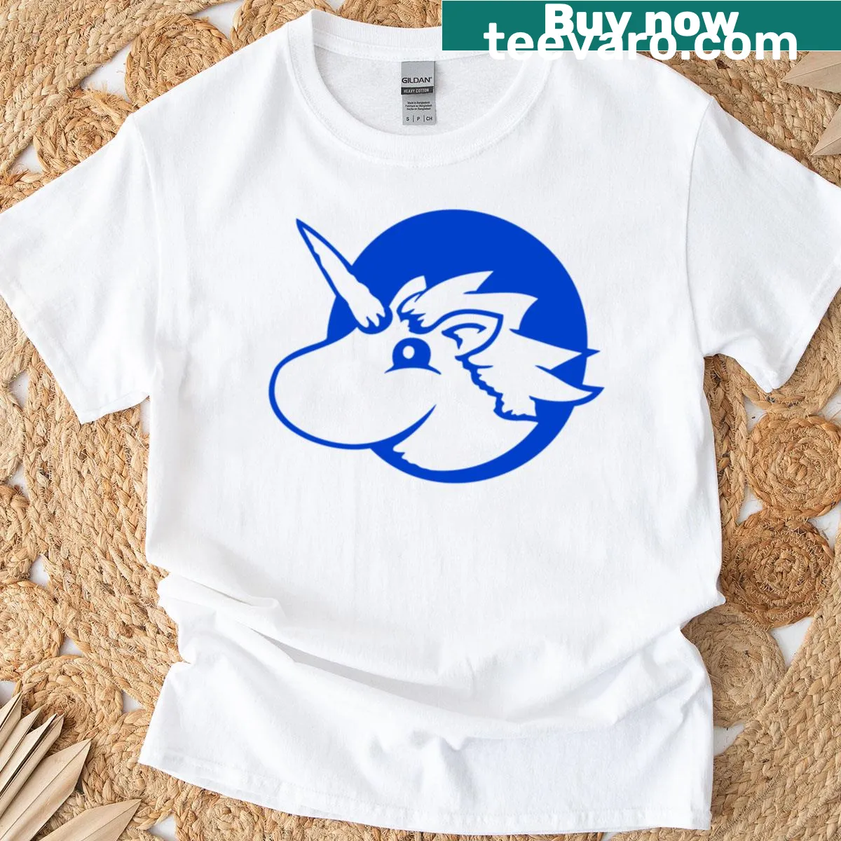 Cartoon unicorn t-shirt featuring a cute design and mythical horn — on a men's t-shirt