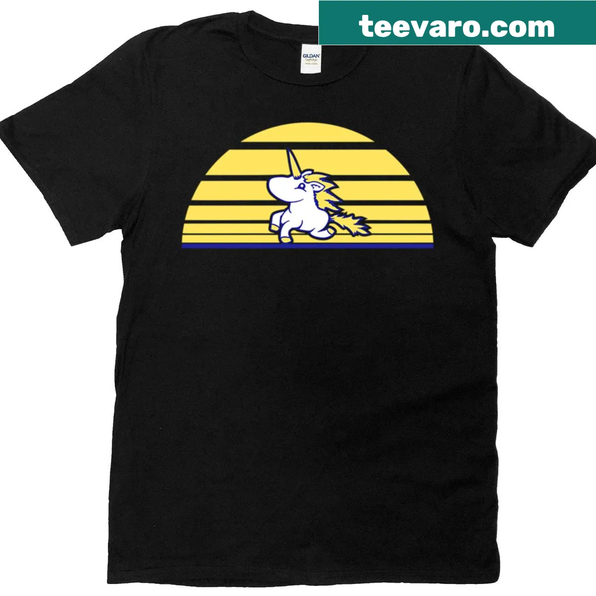 Cartoon unicorn-themed T-shirt with fun stripes design — on a men's t-shirt