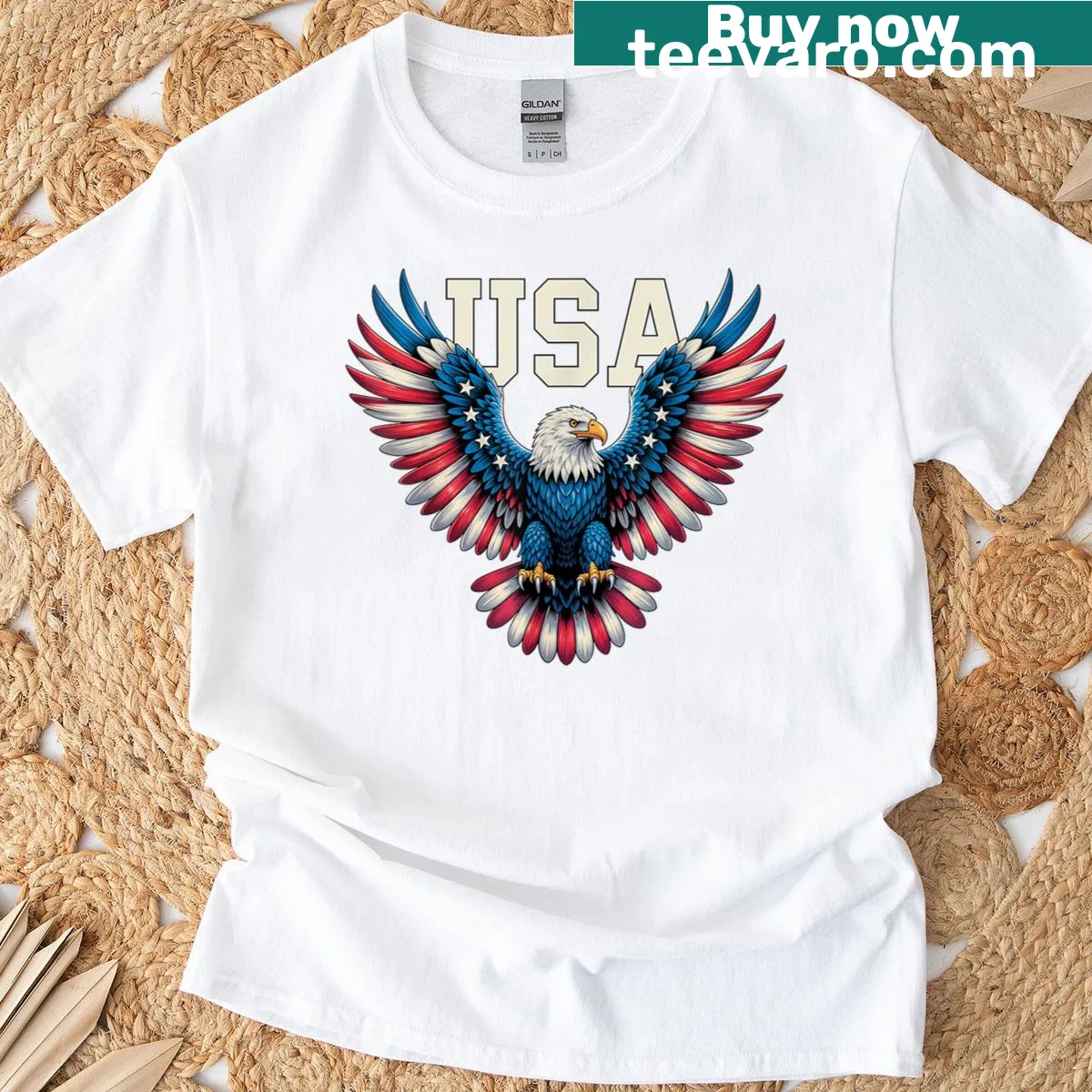 Patriotic T-shirt featuring the USA flag and a bald eagle — on a men's t-shirt