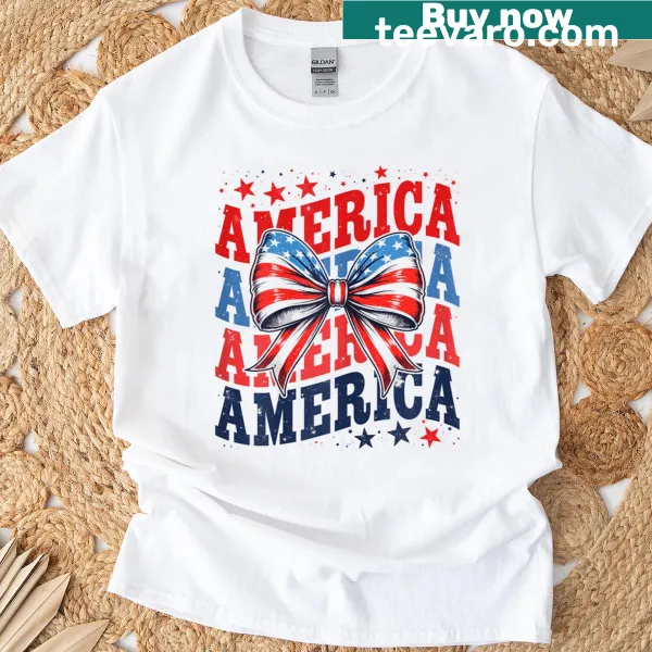 Retro patriotic t-shirt with American flag and bows for women
