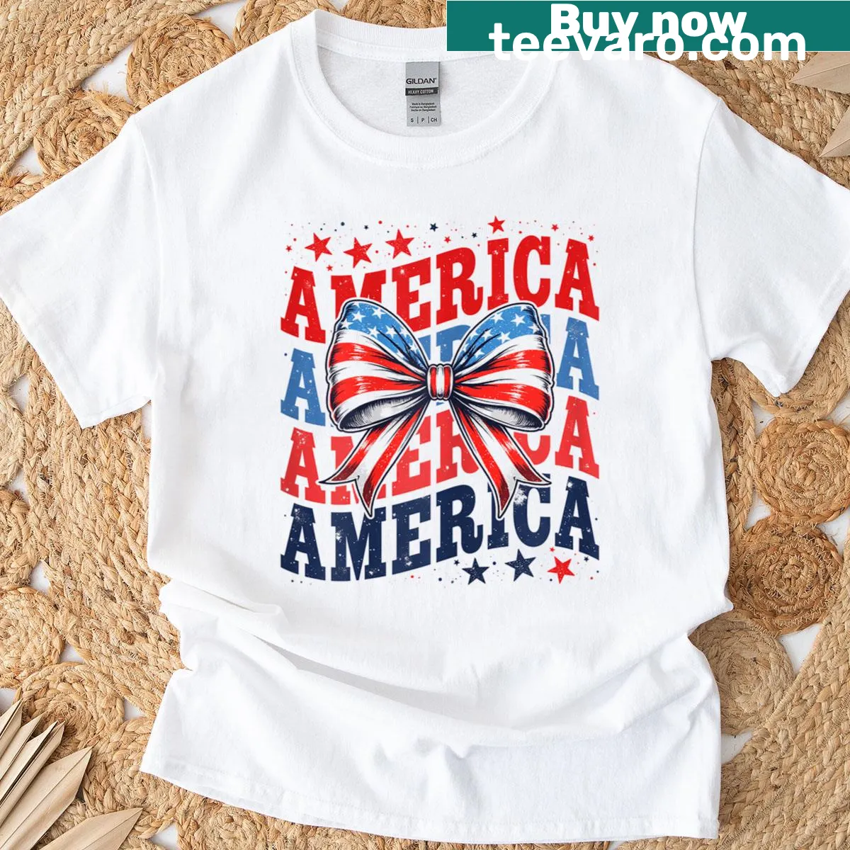 Retro patriotic t-shirt with American flag and bows for women — on a men's t-shirt